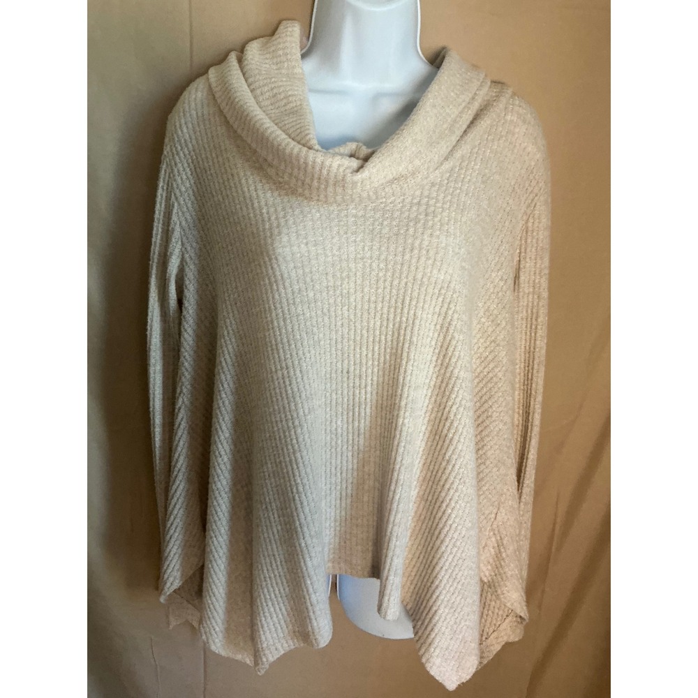 Bobeau Cowl Neck Sweater Womens Medium Beige Excellent Ribbed Asymmetrical Hem